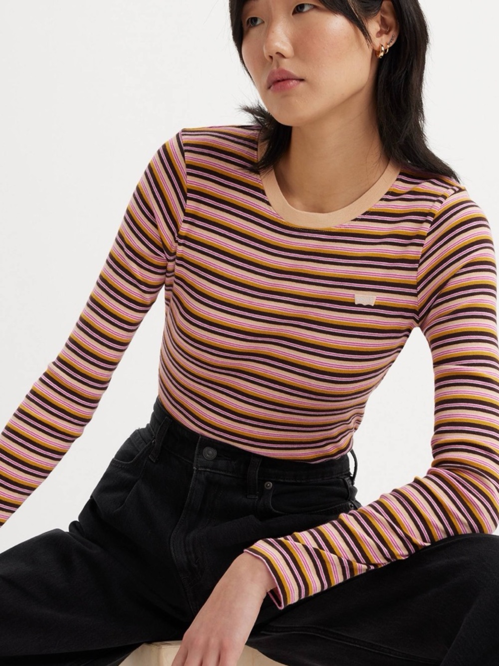 Levi's 100% Cotton Pink Multi Stripe Long-Sleeve Baby Crewneck Top